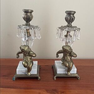 Old Hollywood l&l marble base cherub brass candlesticks set of 2